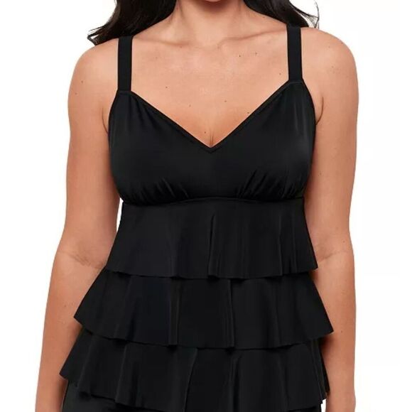 Swim Solutions Triple Pleat Tankini Ruffled Swim Top Black Womens Size 8 - Picture 1 of 8